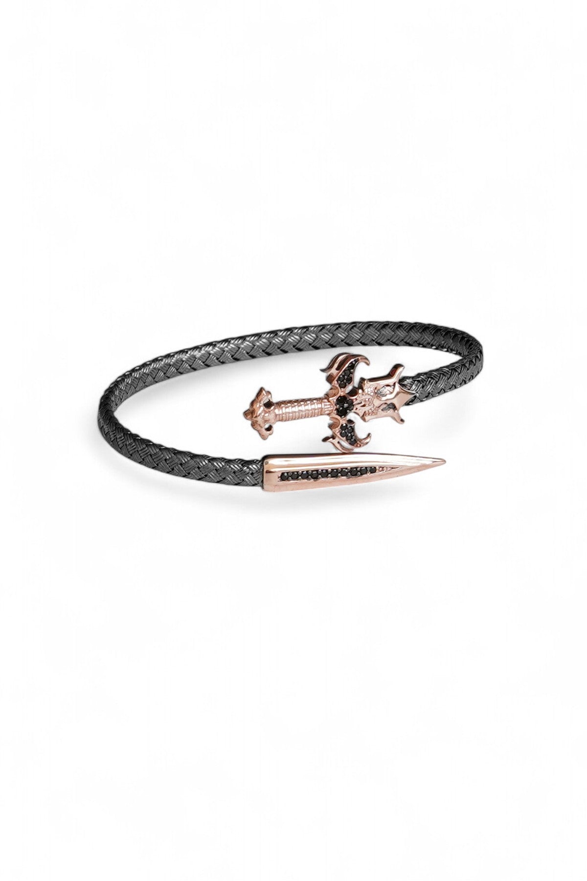 VALOR – Siyah Örgü 925 Ayar Gümüş Erkek Bileklik | Rose Gold Kılıç Detaylı, Zirkon Taş Süslemeli